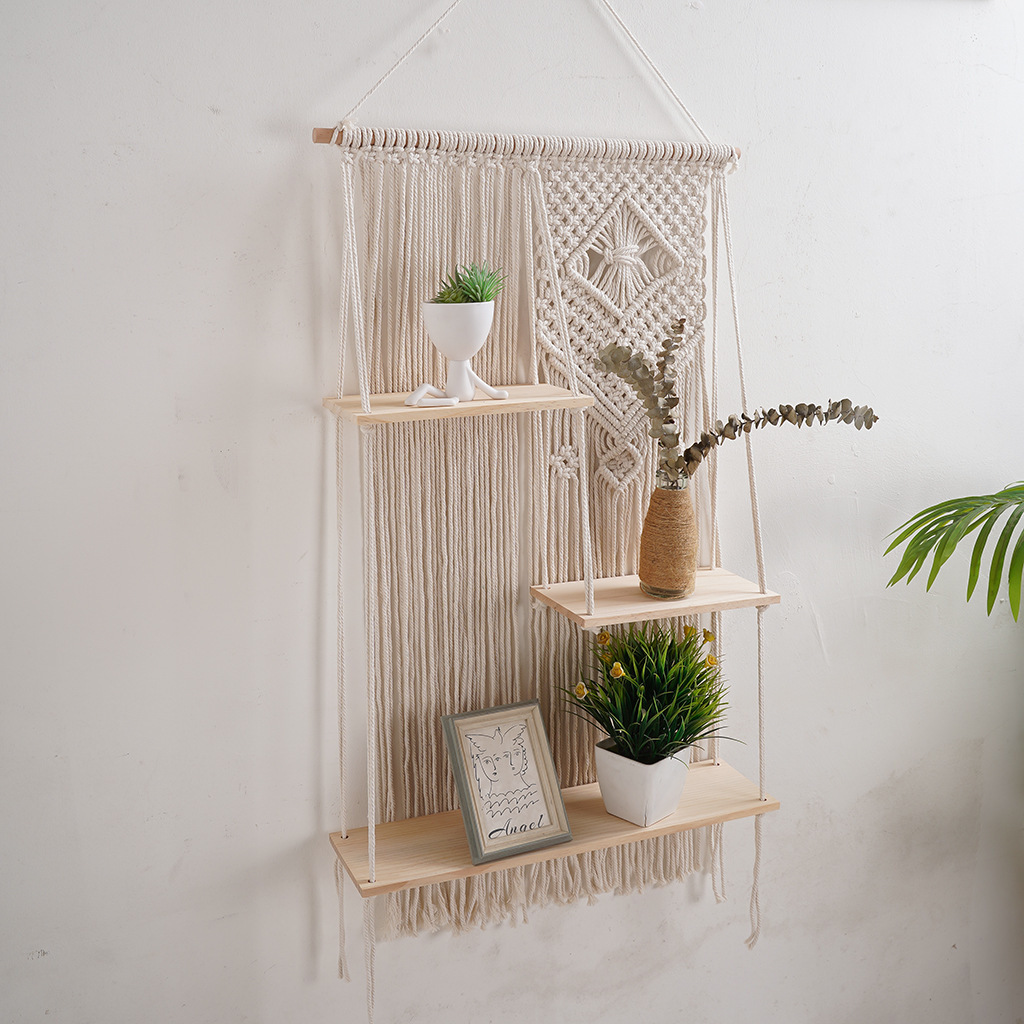 Boho Home Wall Decoration Handmade Cotton Rope Macrame Cord Wood Woven Hanging Plant Hangers Shelf