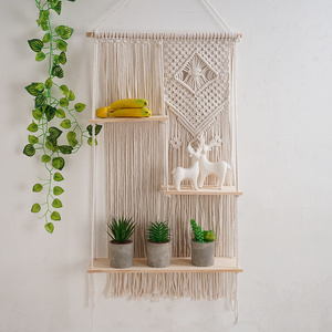 Boho Home Wall Decoration Handmade Cotton Rope Macrame Cord Wood Woven Hanging Plant Hangers Shelf