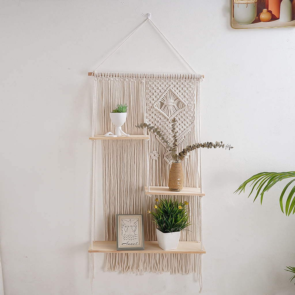 Boho Home Wall Decoration Handmade Cotton Rope Macrame Cord Wood Woven Hanging Plant Hangers Shelf