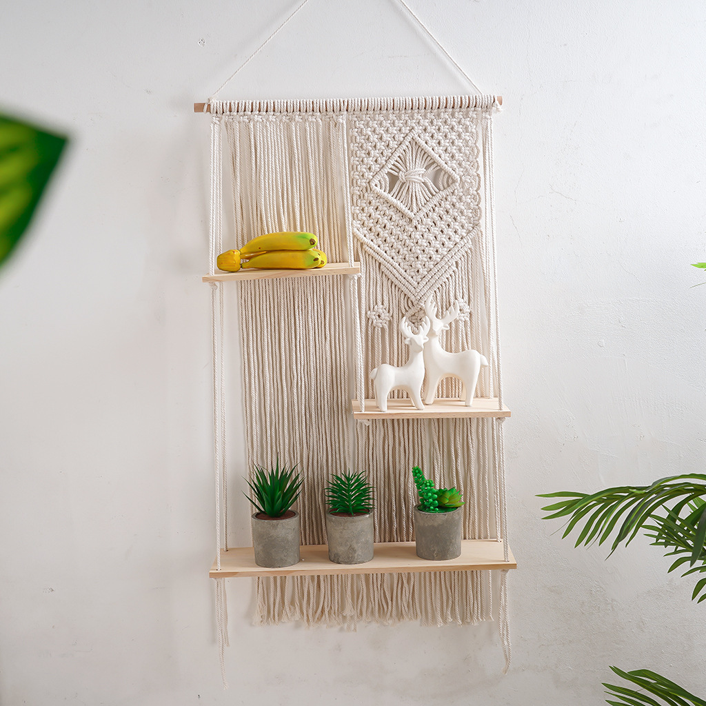 Boho Home Wall Decoration Handmade Cotton Rope Macrame Cord Wood Woven Hanging Plant Hangers Shelf