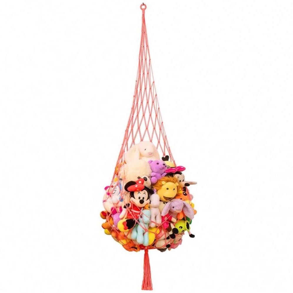 Boho Animal Holder Organizer Macrame Woven Wall Hanging Storage Bag Net Macrame Toy Hammock for Stuffed Animals