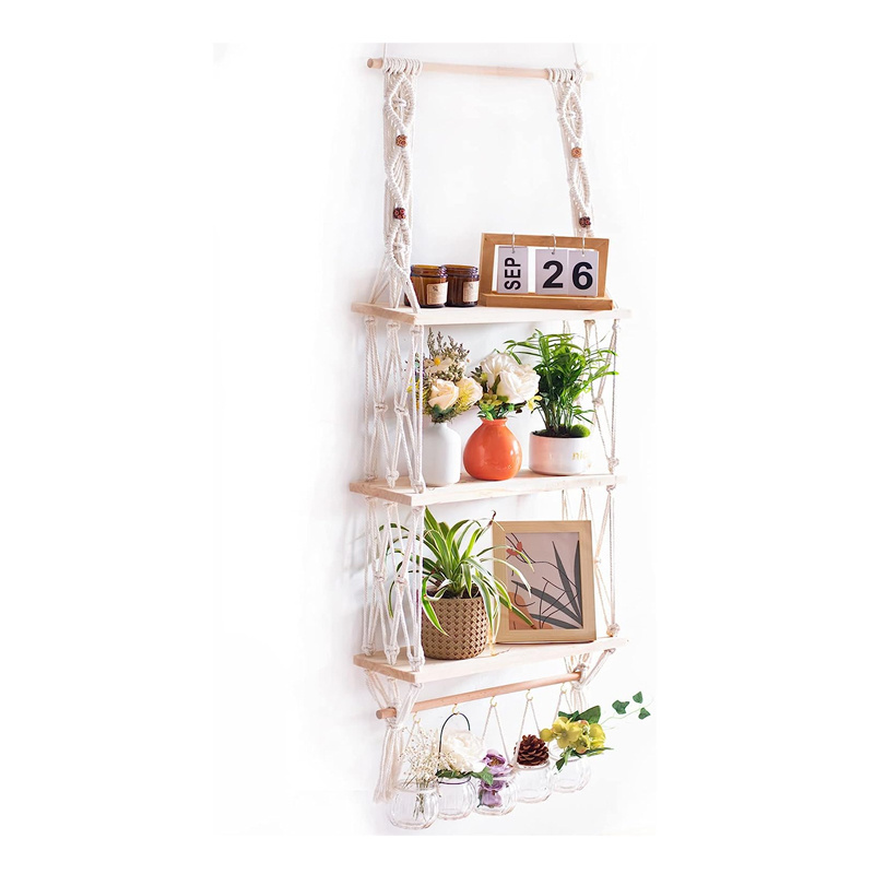 Floating Plant Photos Storage Rack Wood Shelf with Hooks for Bedroom Living Room Bathroom (3tier Shelves) Wall Hanging Shelves