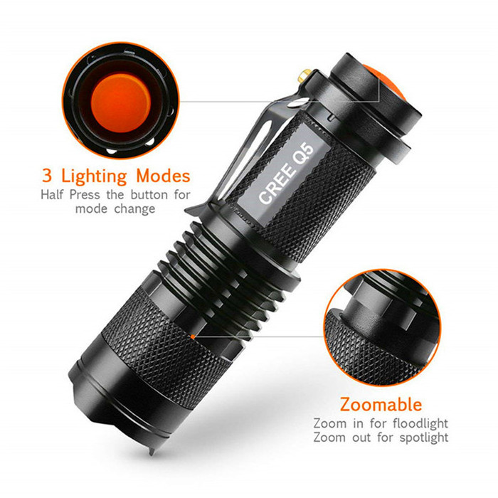 Outdoor Zoomable Mini LED Torch 14500/AA Powered Q5 tactical Mini Led Flashlight with pocket clip