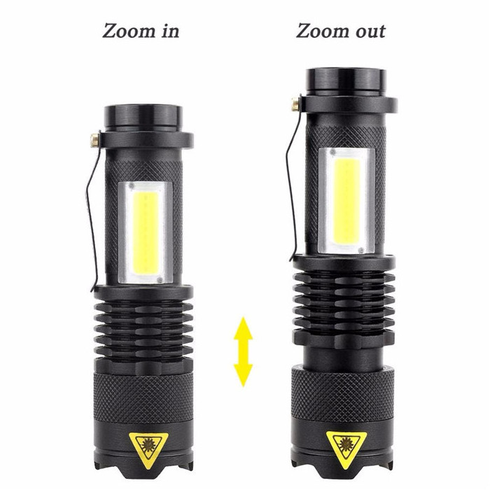 AA or 14500 Battery powered pocket Clip Mini Zoomable LED Flashlight with COB Flood camping light