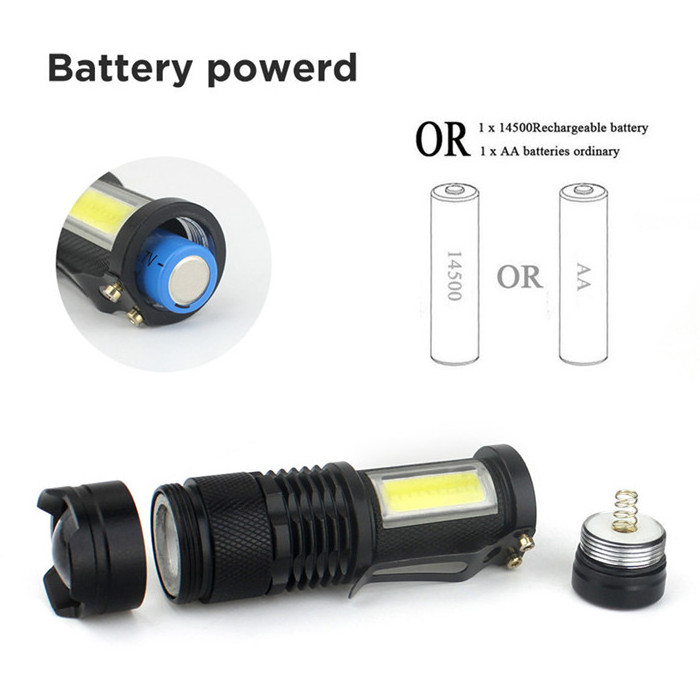 AA or 14500 Battery powered pocket Clip Mini Zoomable LED Flashlight with COB Flood camping light