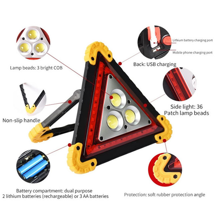 USB Rechargeable Flood COB Work Lamp Portable Flashing Emergency Warning Hazard Triangle work light for Vehicle Car Safety kit