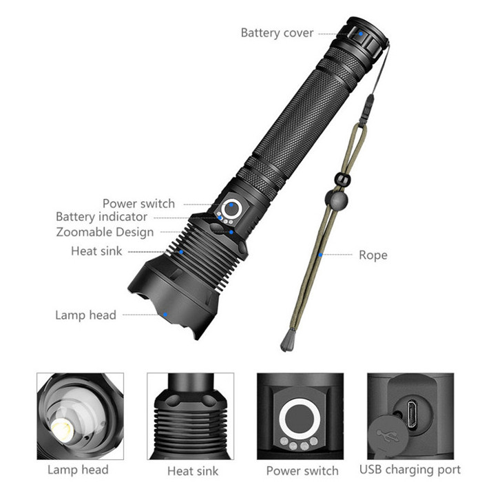 Powerful Telescopic Zoom 2000 Lumen Led Flashlight Torch USB Rechargeable Portable LED Tactical XHP70 Flashlight