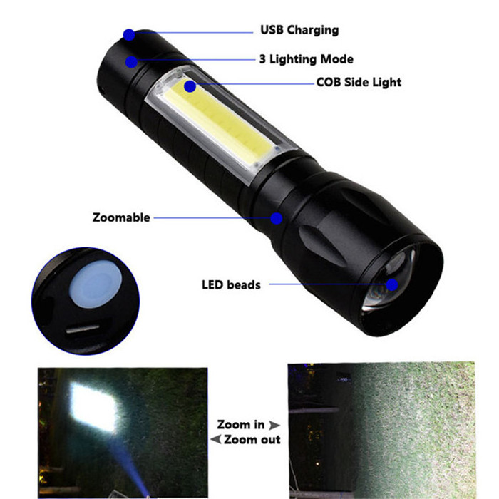 Portable COB Mini Rechargeable LED Flashlight Zoomable LED Torch USB Pocket LED Light For Camping Fishing