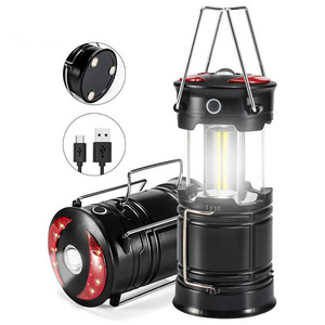 Collapsible USB Rechargeable COB LED Camping Lantern with Red warning light and Magnetic handheld Flashlights spotlight