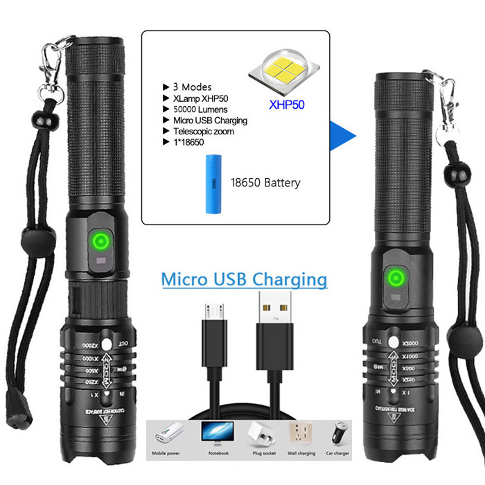 Aluminum Handheld LED Torch Flashlight USB Rechargeable 1000 Lumens XHP50 Tactical Flashlight LED Torch Searchlight