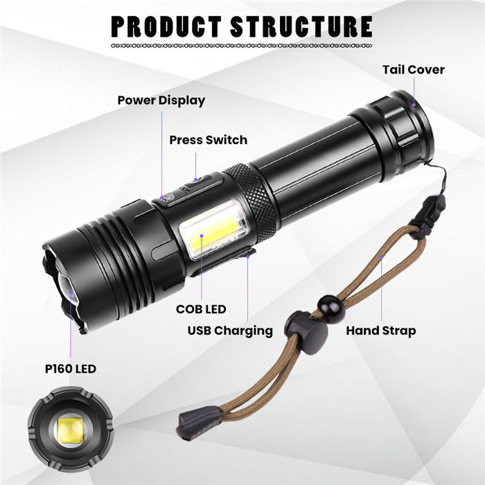 Rechargeable Cob Led Torch Light Outdoor Long Distance Tactical Zoomable led Flashlight Most Powerful hunting XHP160 LED torch