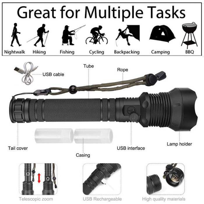 Powerful Telescopic Zoom 2000 Lumen Led Flashlight Torch USB Rechargeable Portable LED Tactical XHP70 Flashlight