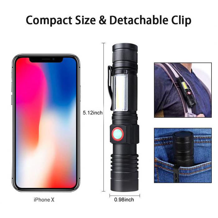 Portable T6 COB LED Tactical flashlight USB Rechargeable Pocket clip Flashlight Torch Magnetic COB work light