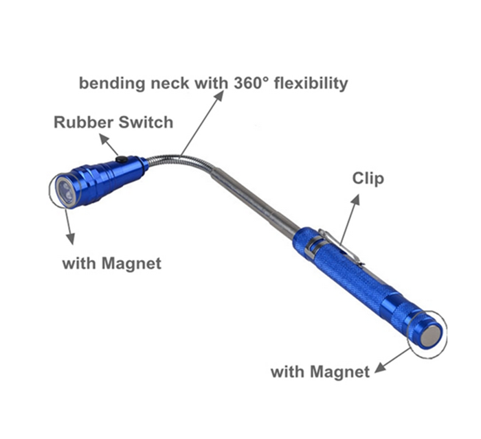 Aluminum 3 LED pocket pen torch Flashlight Telescopic Magnetic Pick up Tool with flexible gooseneck