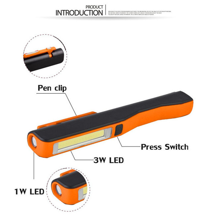 Portable 3W COB LED Handheld Torch flashlight Battery Powered Magnetic pocket Pen Clip Work Light