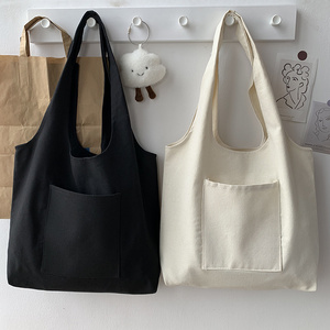 12oz Foldable Cotton Canvas Shopping Bag With Outer Pocket Black Tote Bag For Shopping