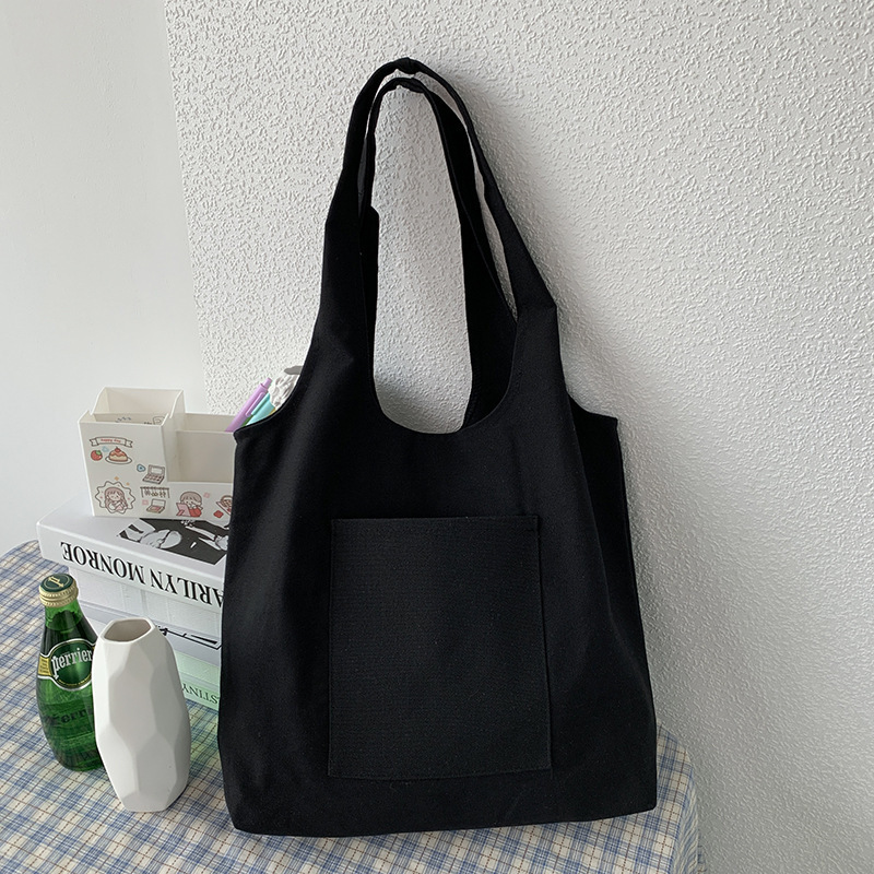 12oz Foldable Cotton Canvas Shopping Bag With Outer Pocket Black Tote Bag For Shopping