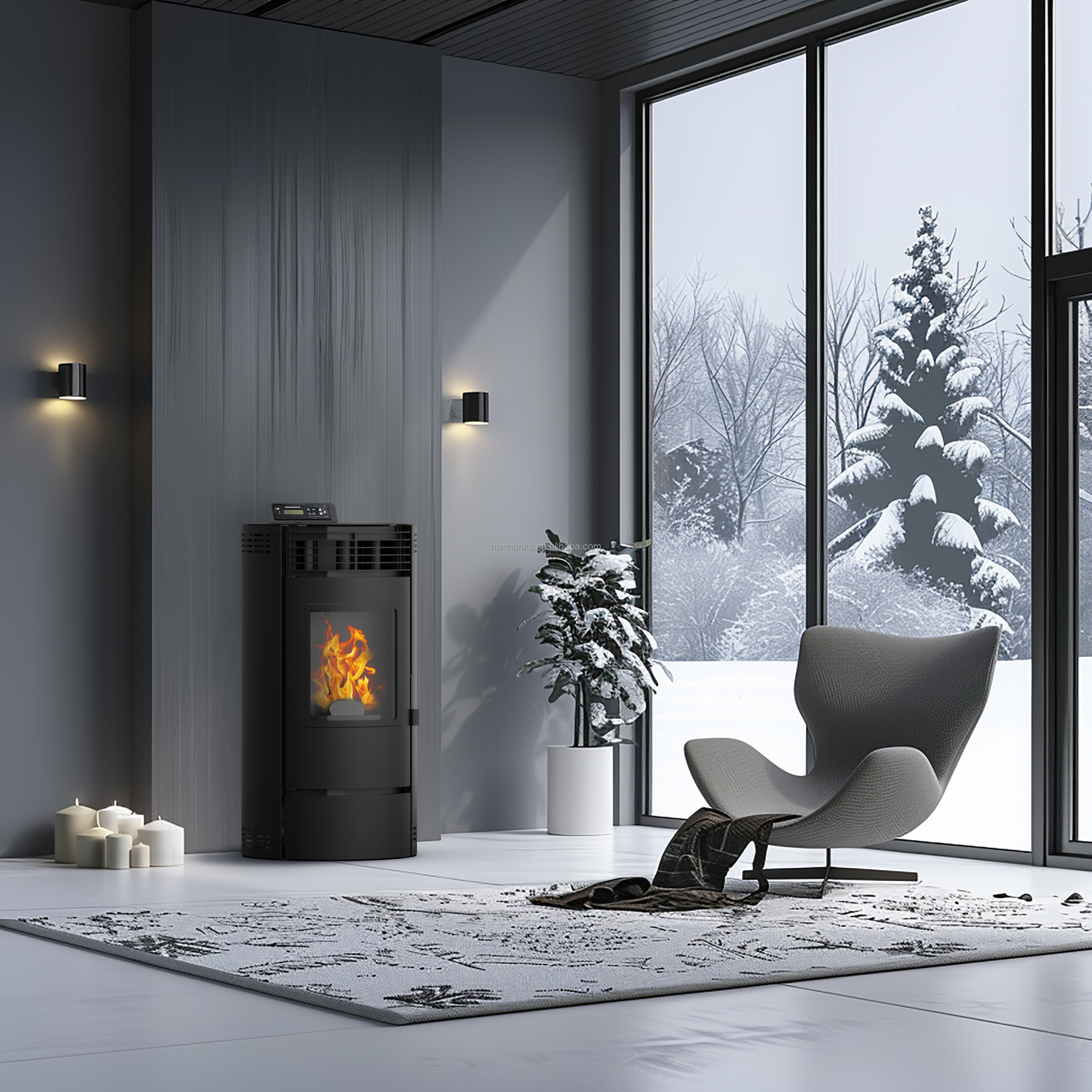 6KW Modern Stainless Steel Electric Pellet Stove Smart Controller Freestanding Living Room Fireplaces Indoor Wood Designer Style