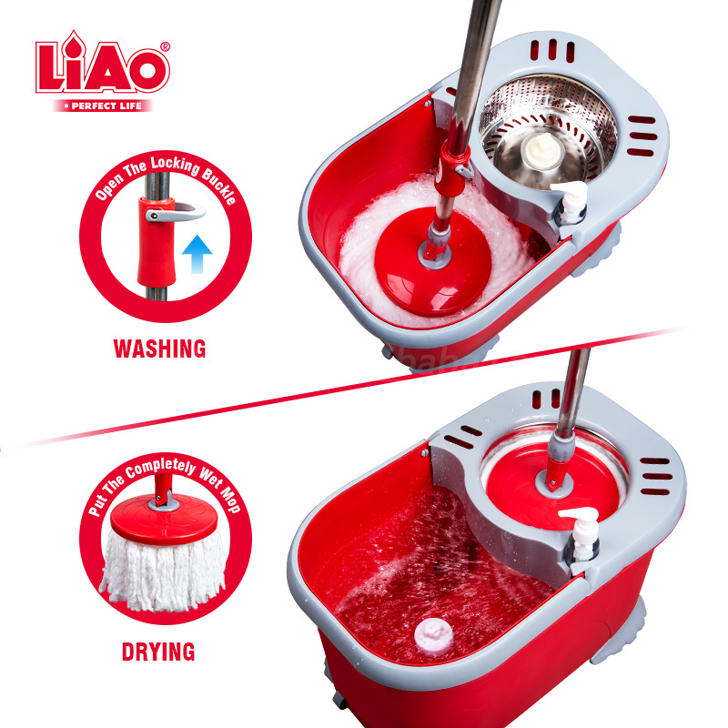 LiAo easy clean foot pedal 360 spin mop and bucket set with power wringer system and soap dispenser