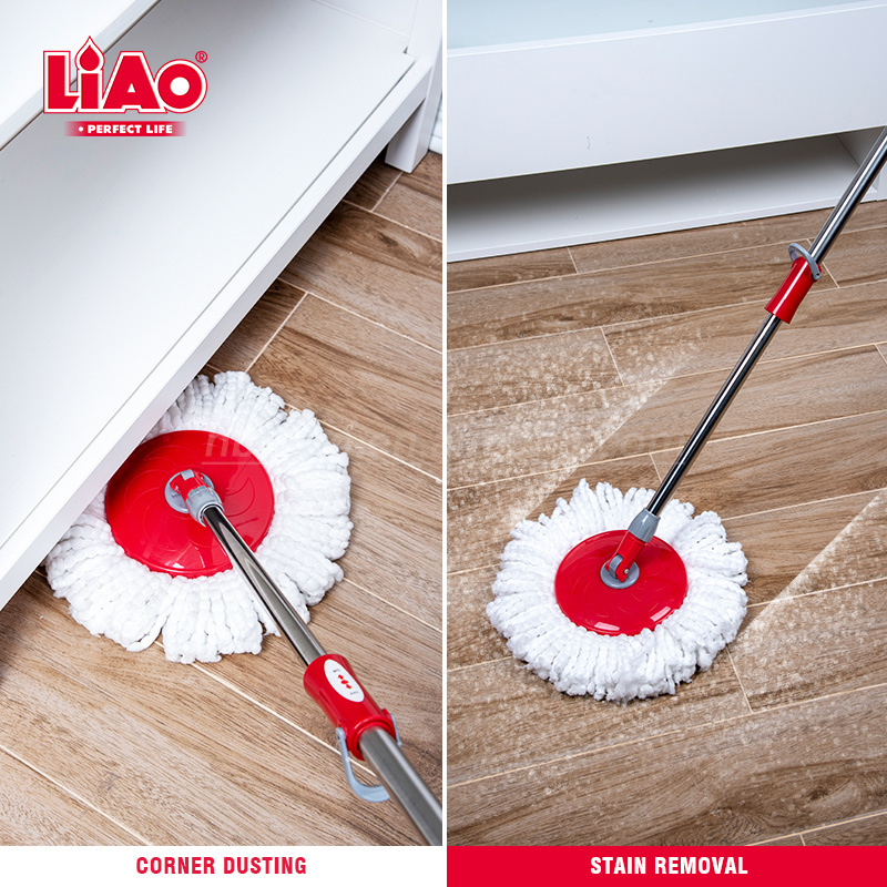 LiAo easy clean foot pedal 360 spin mop and bucket set with power wringer system and soap dispenser