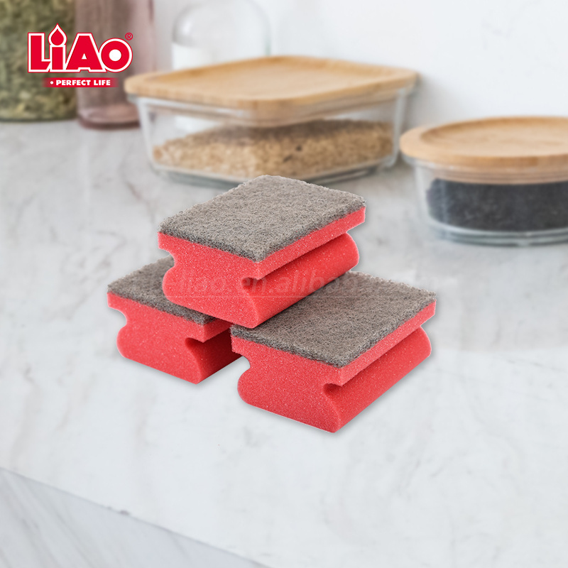 LIAO 3pcs double side plate kitchen dish cleaning scouring pad and sponge with grip