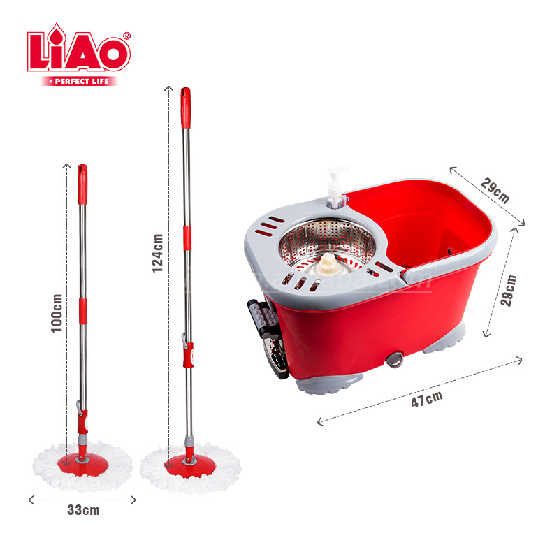 LiAo easy clean foot pedal 360 spin mop and bucket set with power wringer system and soap dispenser