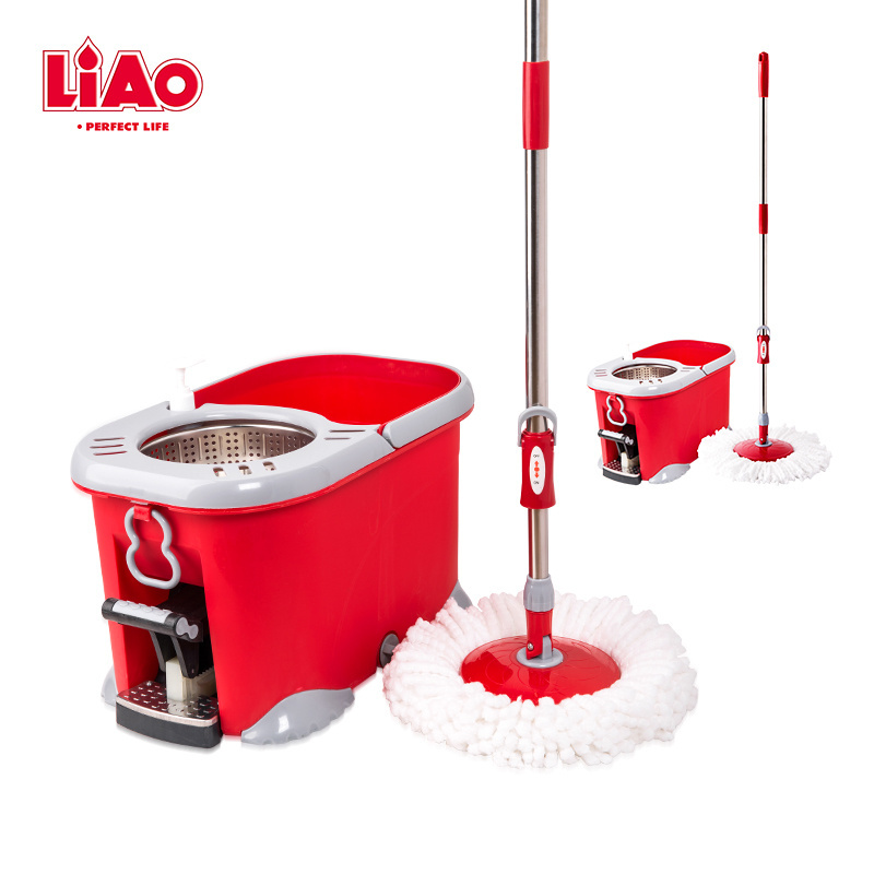 LiAo easy clean foot pedal 360 spin mop and bucket set with power wringer system and soap dispenser