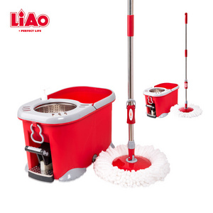 LiAo easy clean foot pedal 360 spin mop and bucket set with power wringer system and soap dispenser