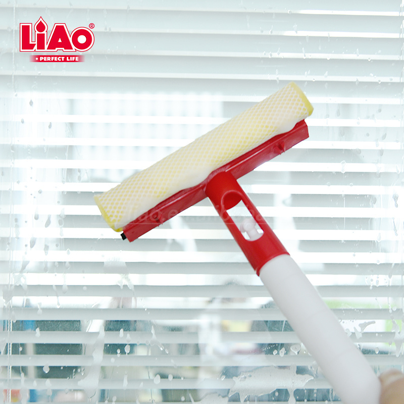 LiAo double sided water spray window cleaner glass wiper with rubber squeegee and sponge scrubber