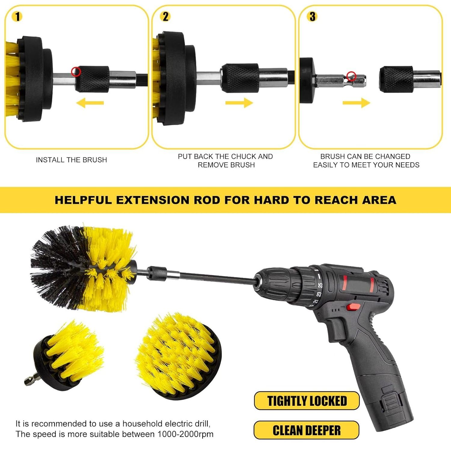 4pcs Drill Brush Extension Pole Cleaning Kit Plastic Round Cleaning Brush for Carpet Glass Car Tires Household Cleaning