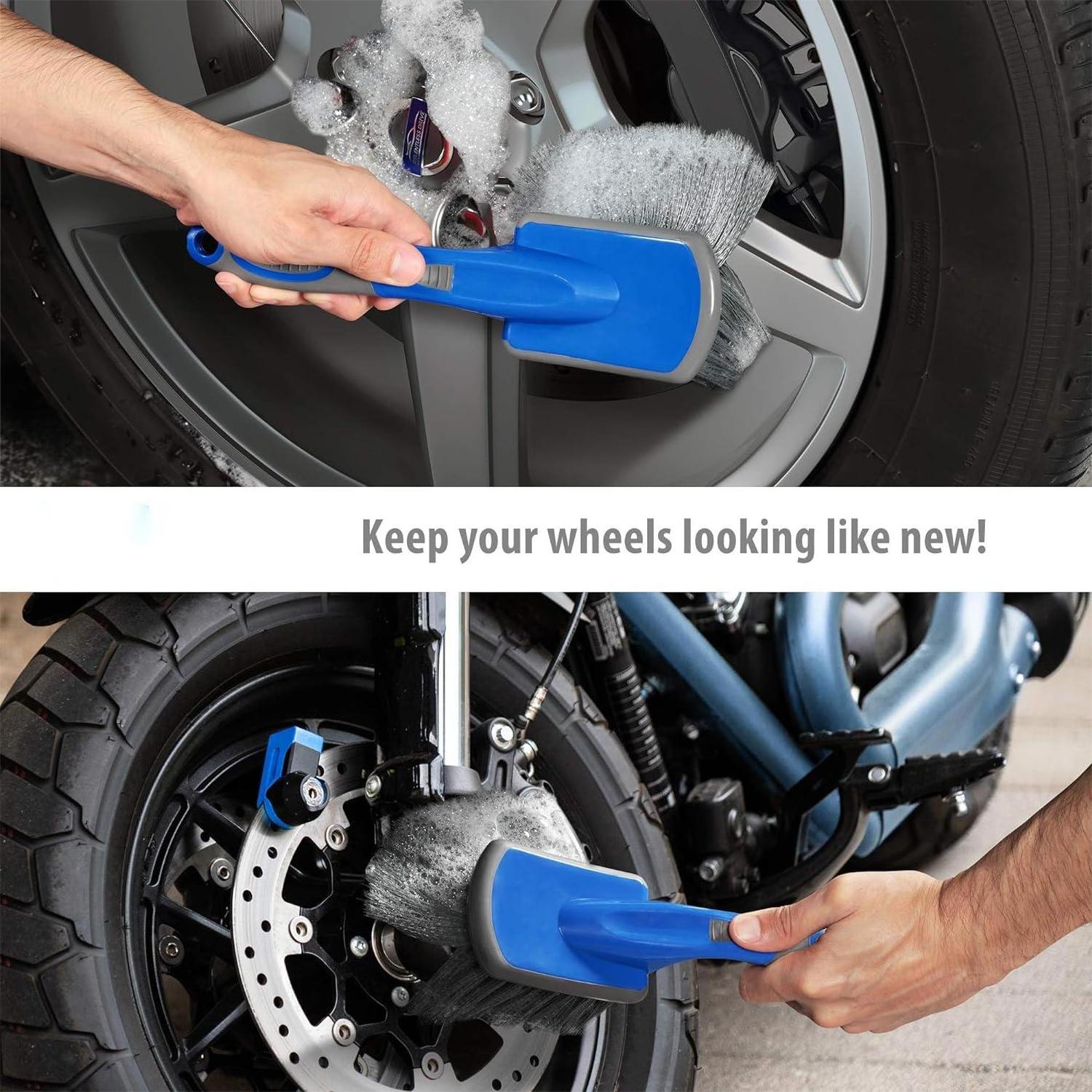 Wheel Tire Brush for Car Rim, Soft Bristle Car Wash Brush Cleans Tires & Releases Dirt and Road Grime Short Handle for Easy Scru