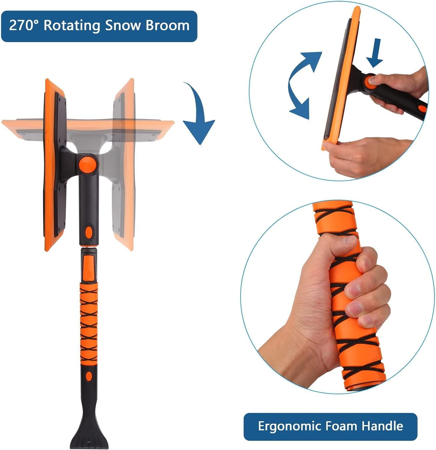 Auto ABS Handle Detachable Ice Scraper with Ergonomic Foam Grip 2-in-1 Multi-function Rotatable Snow Broom