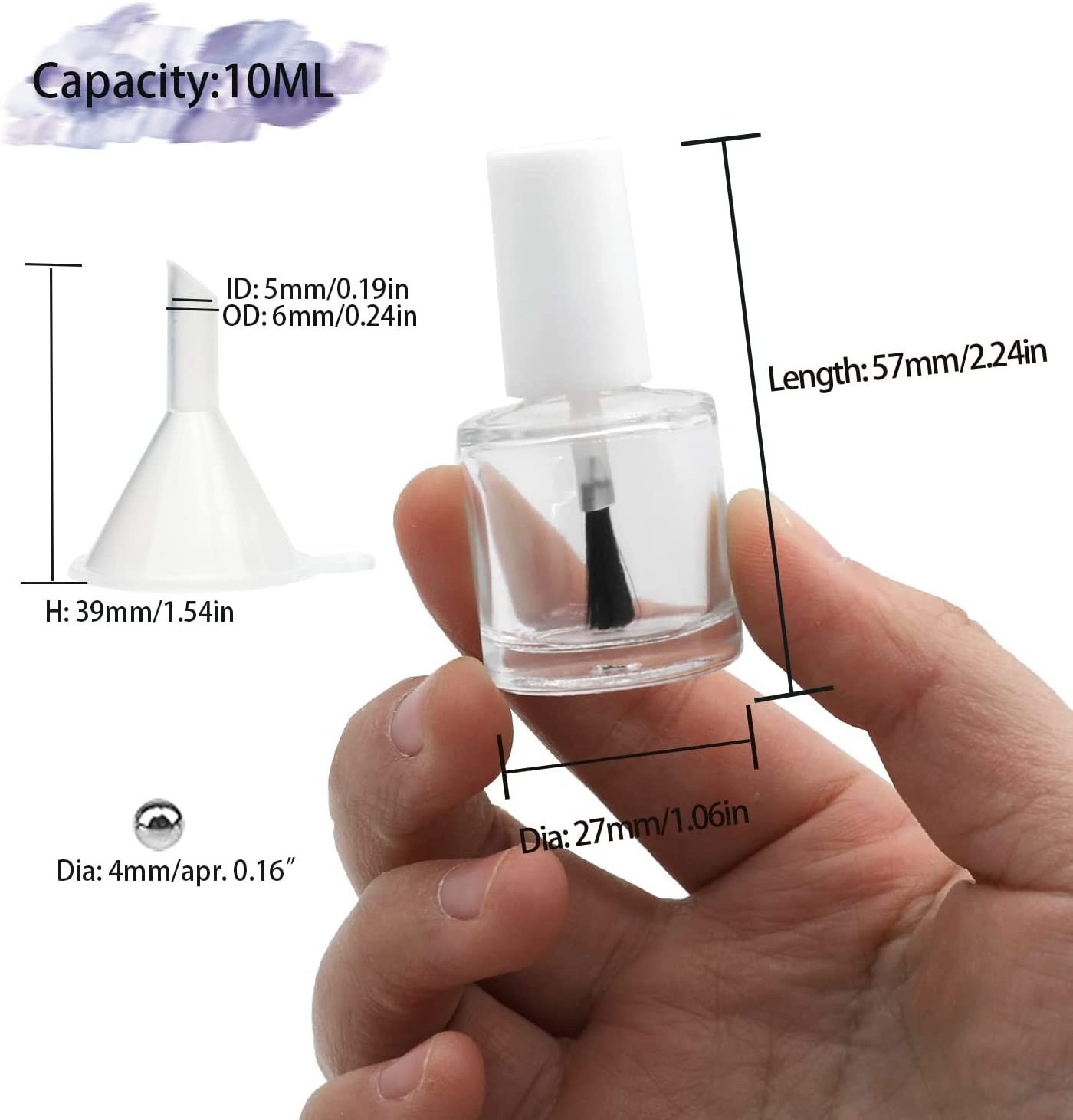 white Cap 10ML Empty Clear Glass Refillable Nail Fingernail Polish Bottles Circle with mixing beads