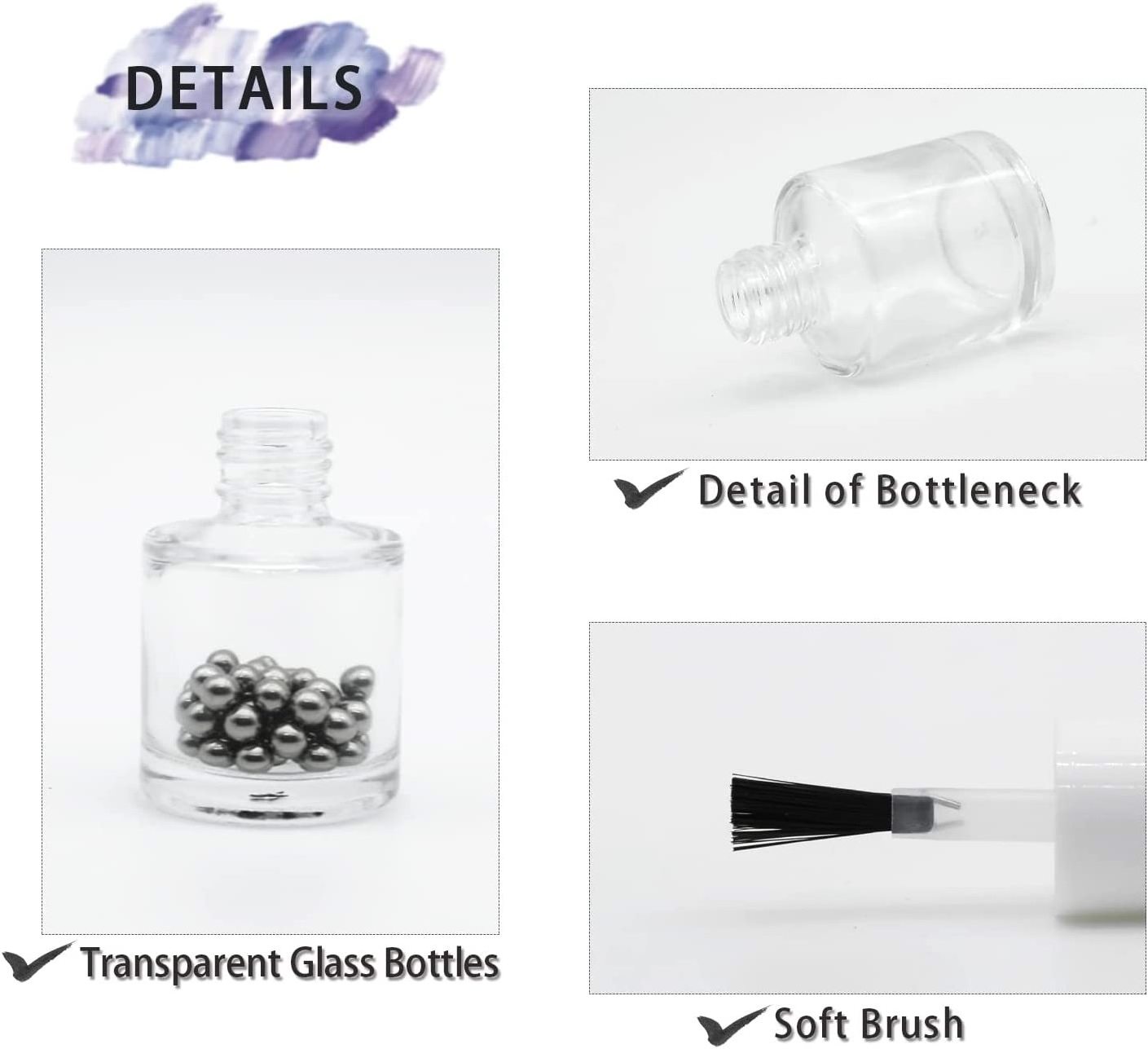 white Cap 10ML Empty Clear Glass Refillable Nail Fingernail Polish Bottles Circle with mixing beads