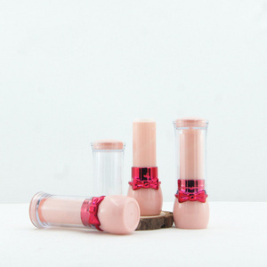 Empty custom logo pink bow kids plastic lipstick tube cosmetics packaging lip balm packing tube design with clear lid