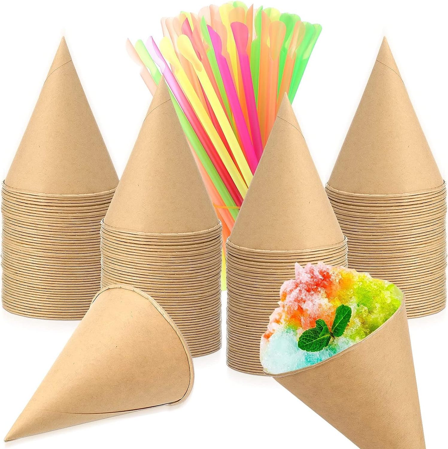 Multi Colored Spoon Straws, Leakproof Disposable Paper Cone Cups for Slush Shaved Ice Cream  Office Water