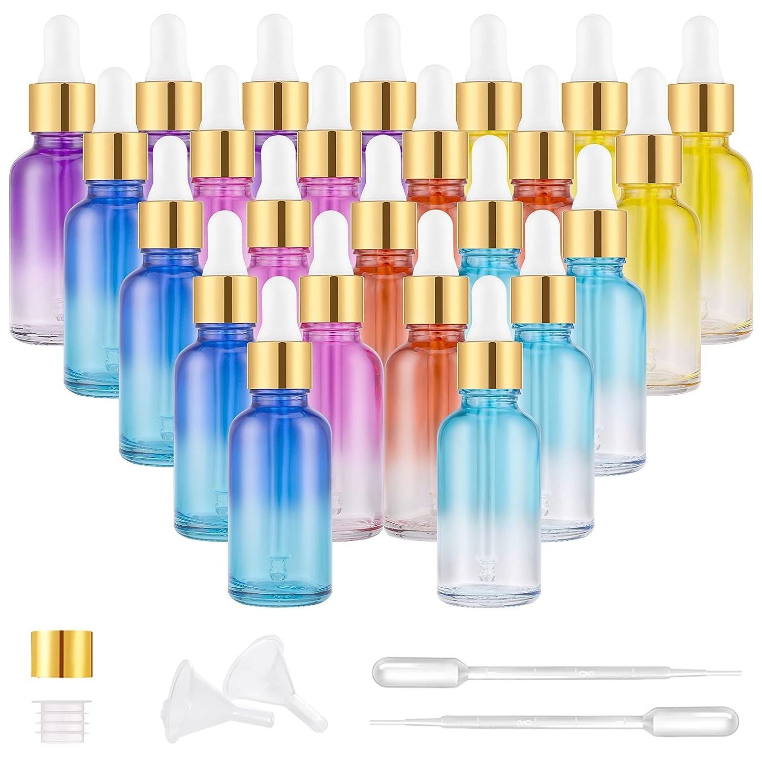 Eye Dropper Bottles 1oz (Rainbow Colored Glass Bottle 30ml with Golden Caps