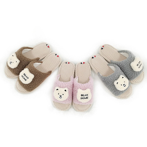 Open Toe Couple Slippers Bear Cartoon Embroidery Plush Indoor Warm Slipper Parenting Shoes Unisex Slippers