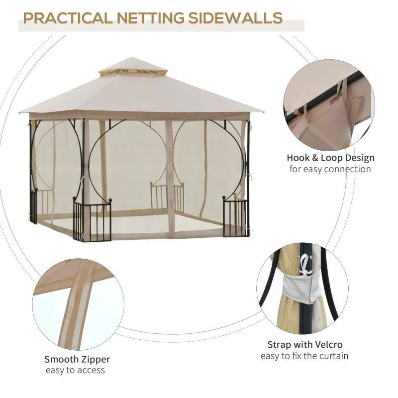 Double Roof Outdoor Gazebo Canopy Shelter with Netting 10' x 10' Patio Gazebo with Corner Frame Shelves