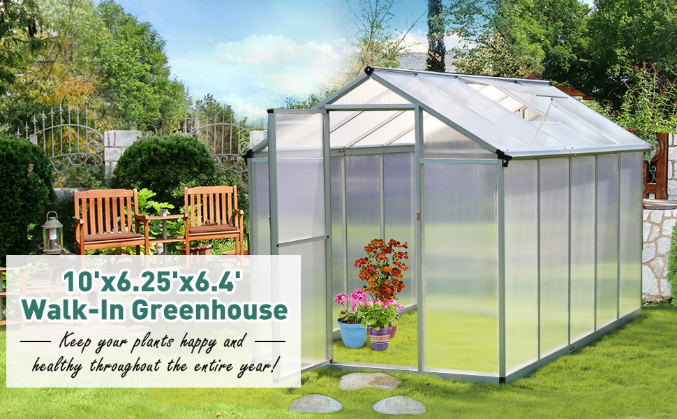 8' L x 6' W Walk-in Polycarbonate Greenhouse with Roof Vent for Ventilation & Rain Gutter, Hobby Greenhouse for Winter