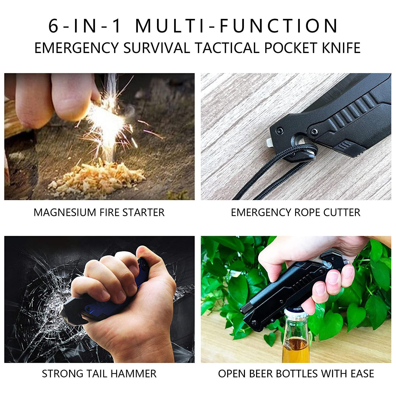 6-in-1 Survival Folding Pocket Knives with LED Light, Seat belt Cutter, Glass Breaker, Magnesium Fire Starter, Bottle Opener...