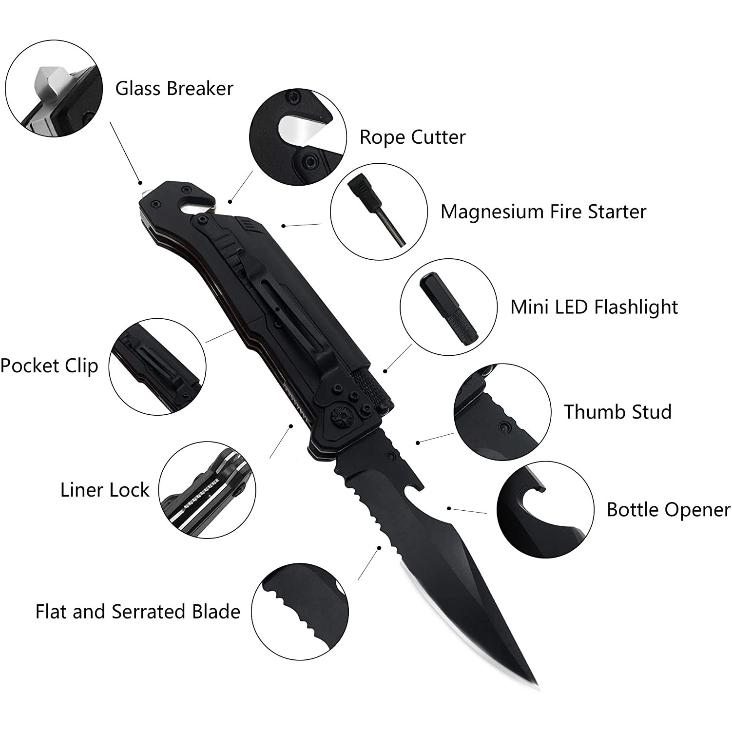 6-in-1 Survival Folding Pocket Knives with LED Light, Seat belt Cutter, Glass Breaker, Magnesium Fire Starter, Bottle Opener...