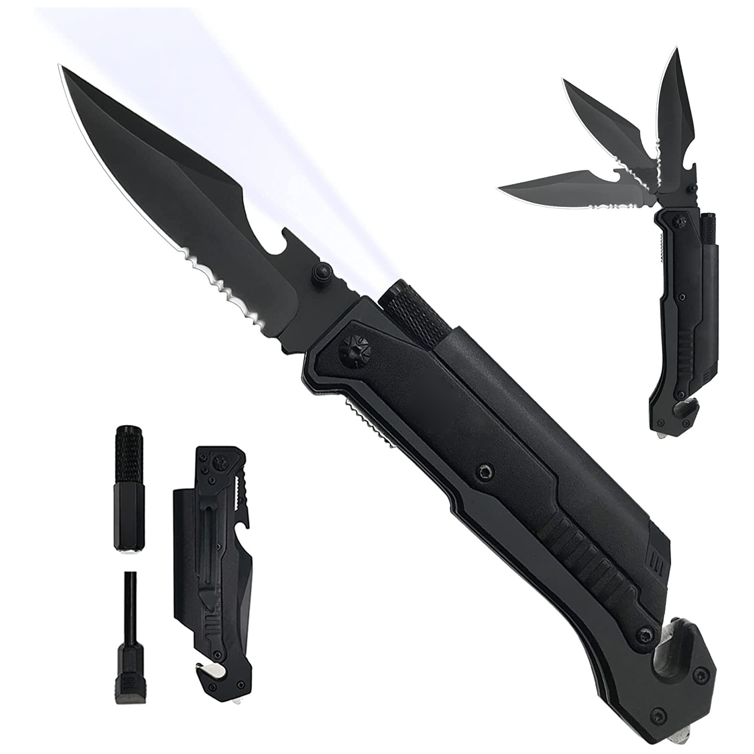 6-in-1 Survival Folding Pocket Knives with LED Light, Seat belt Cutter, Glass Breaker, Magnesium Fire Starter, Bottle Opener...