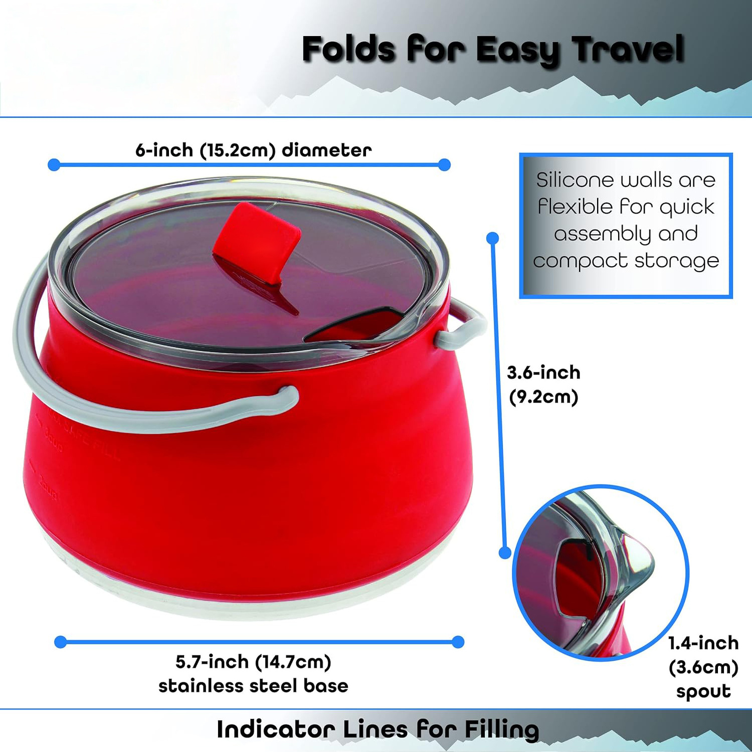 Collapsible Travel Kettle Pot with Lid - 1L Red Portable Water Boiler Tea Maker for Camping Gas Stove