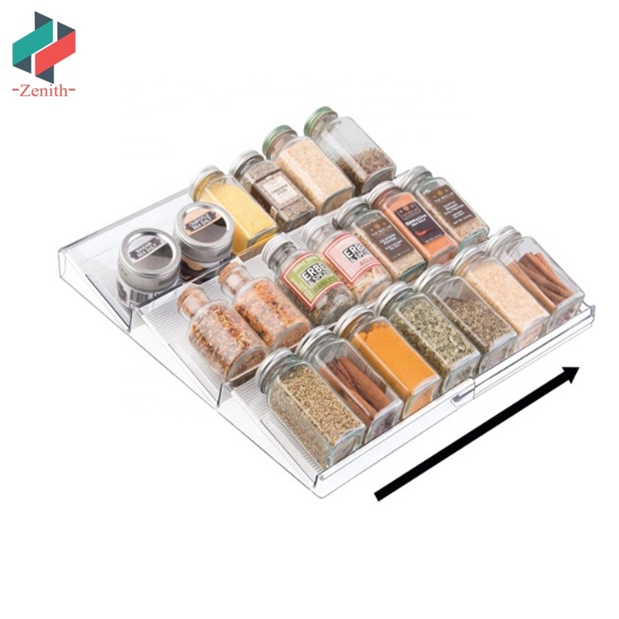 ZNF00069 Clear 3 Slanted Tier Kitchen Cabinet Drawer Organizer Adjustable Expandable Spice Rack for Garlic Salt Pepper Spice Jar