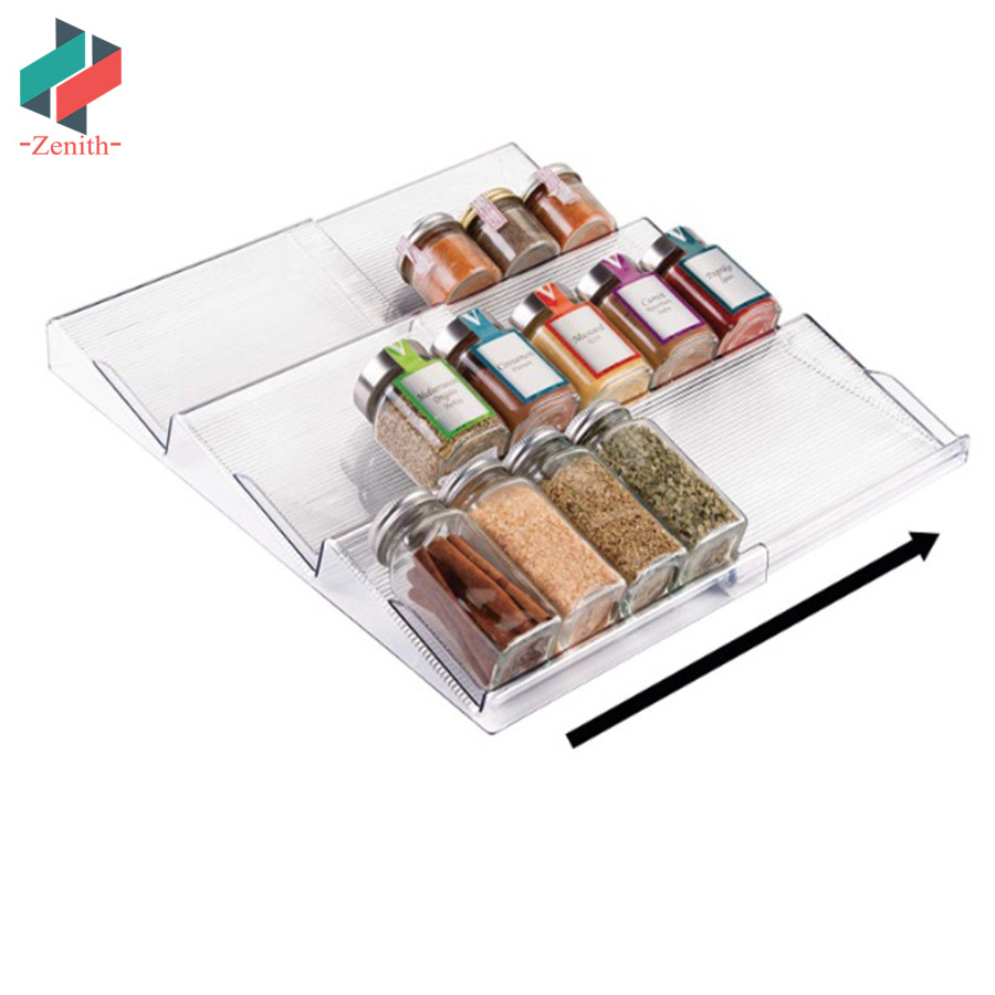 ZNF00069 Clear 3 Slanted Tier Kitchen Cabinet Drawer Organizer Adjustable Expandable Spice Rack for Garlic Salt Pepper Spice Jar