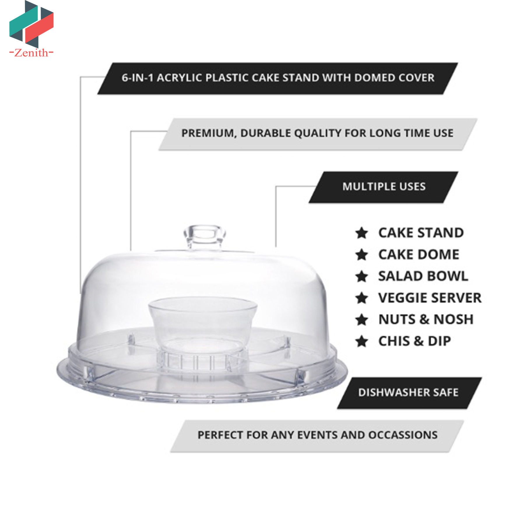 ZNK00015 6 in 1 Cake Stand Multi-purpose Clear Acrylic Serving Platter and Cake Plate with Dome Cover for Parties