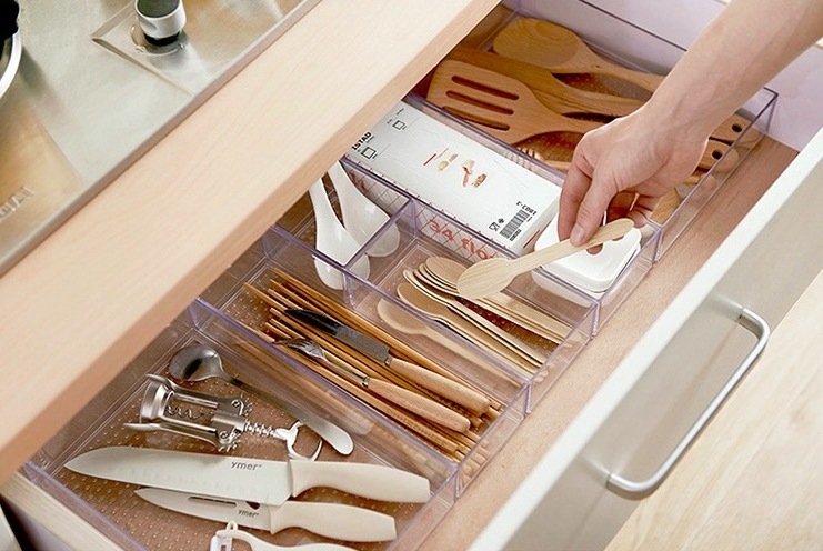 ZNF00033 Clear Plastic Cabinet Kitchen Drawer Organizers for Silverware Spatula Cutlery Serving Spoons Cooking Utensils Gadgets