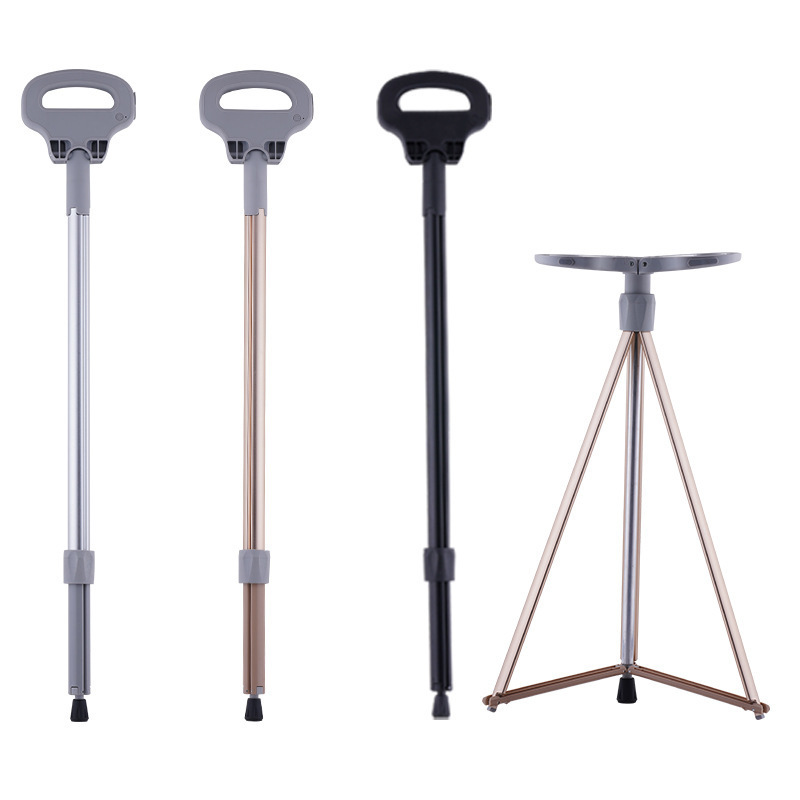 Aluminum Crutch Chair, Folding Adjustable Walking Stick Cane with Seat for Elderly Disabled