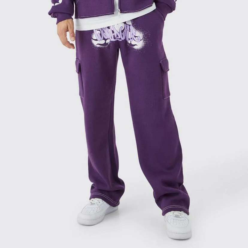 Custom Manufacturer Oversized Graffiti Gusset Cargo Tracksuit in Purple Breathable Cropped Grunge zip Hooded Cargo Tracksuit